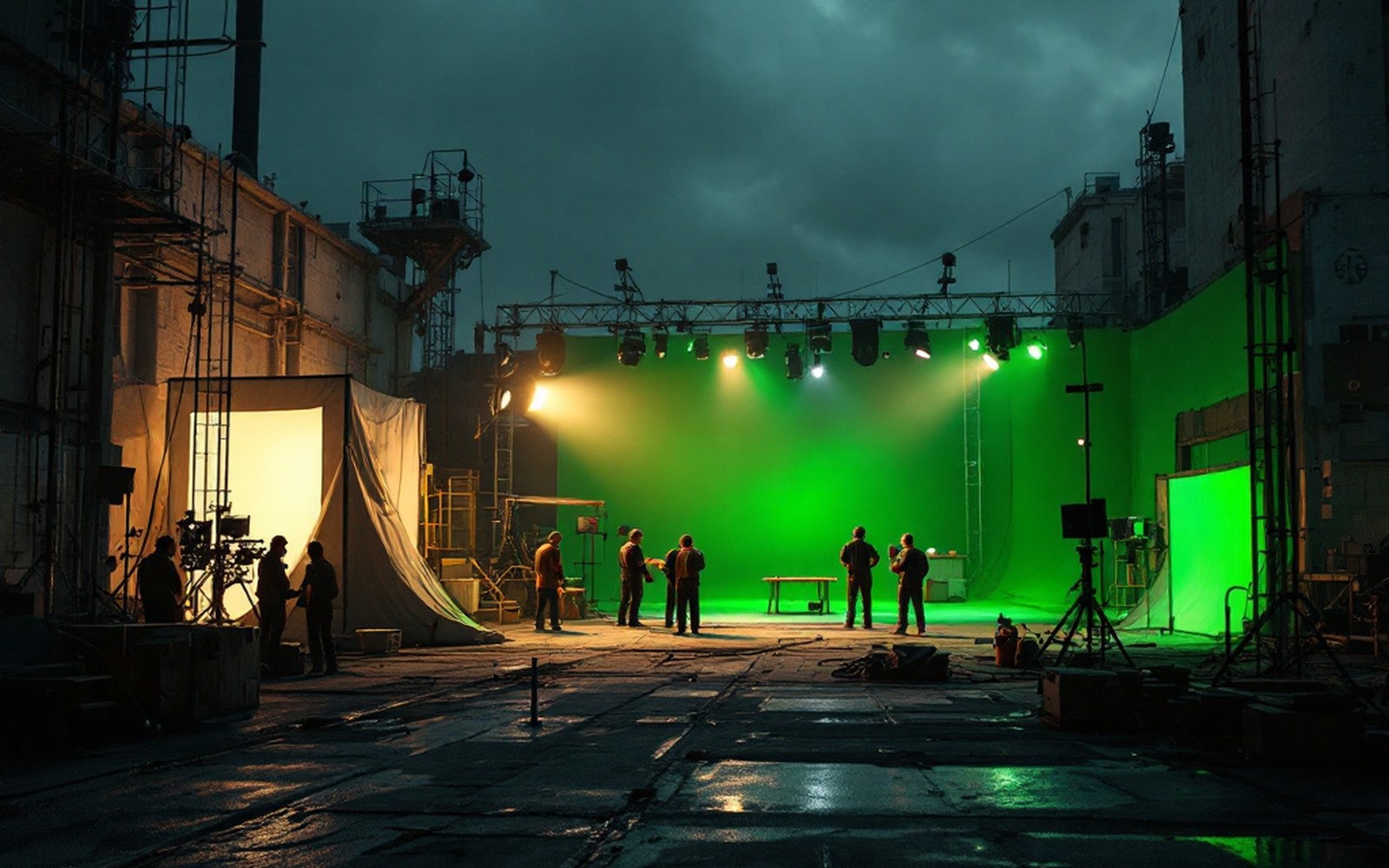 A lit outdoor film set at night, crew at distance