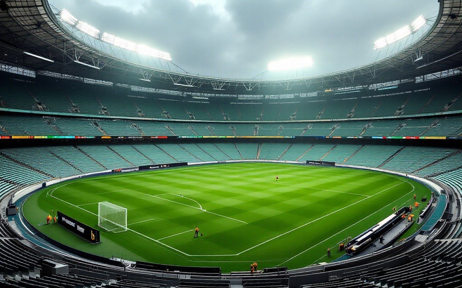 An empty stadium bowl with floodlights on in daylight