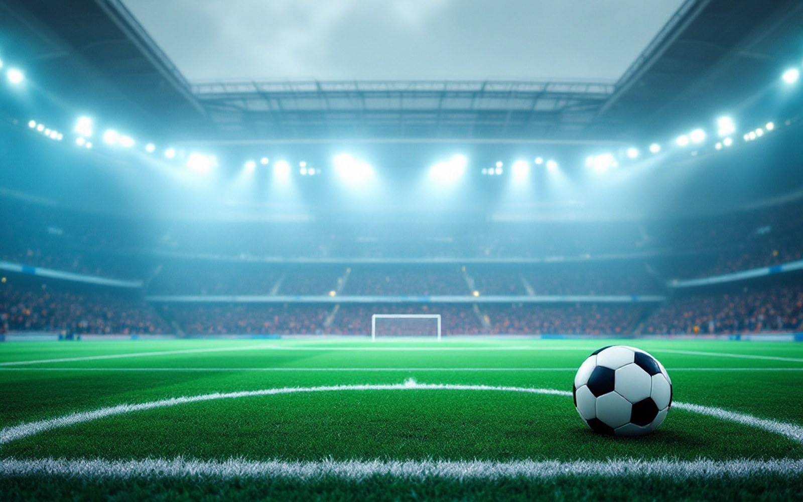A football on the centre circle of a floodlit pitch