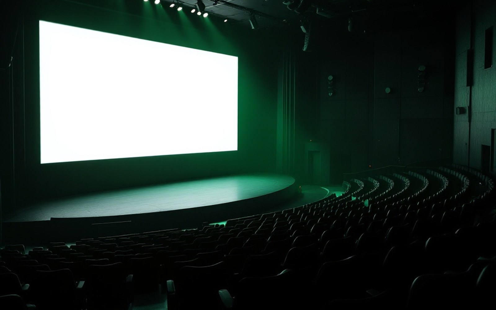 A dark auditorium with an empty lit screen