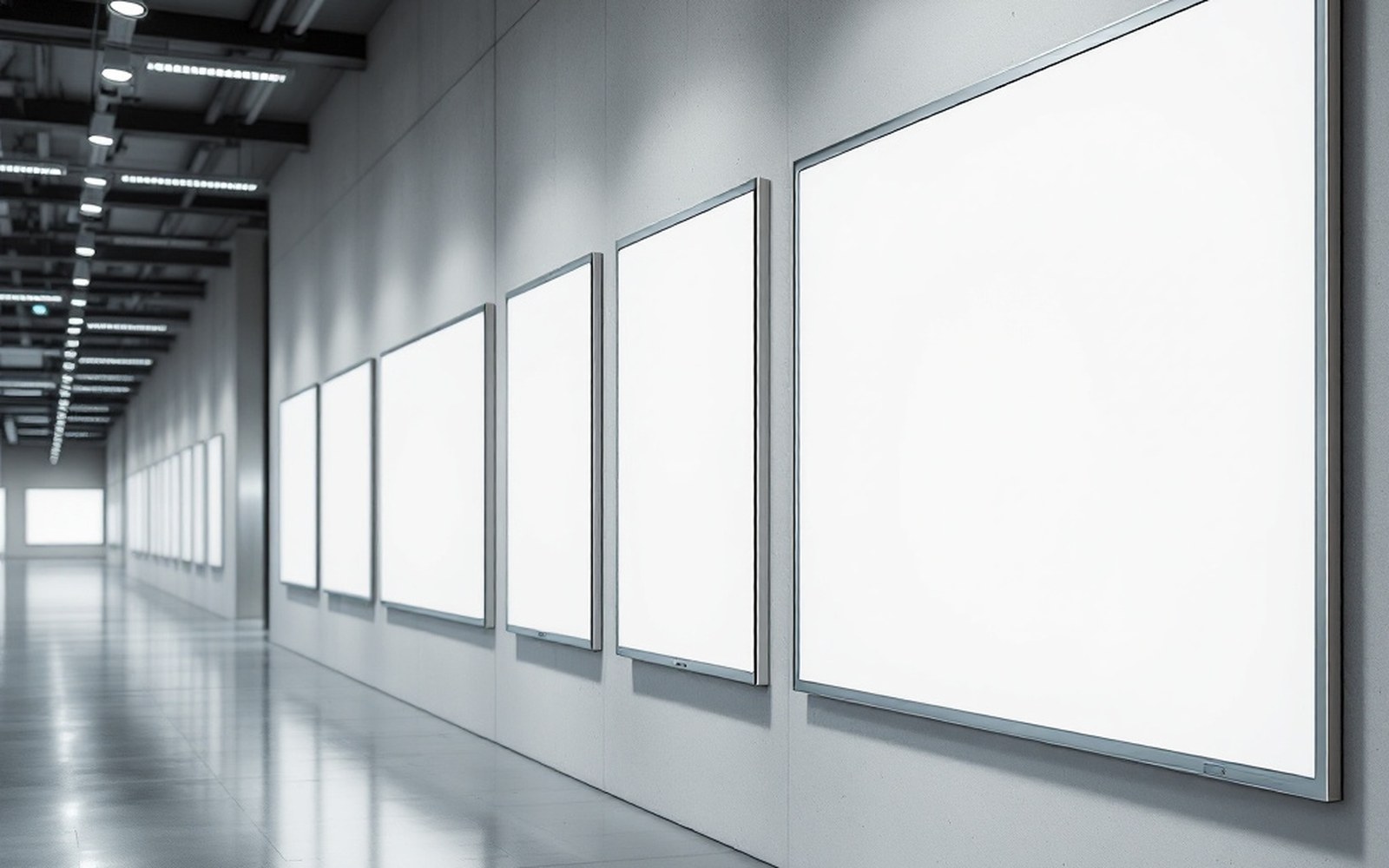 A row of identical blank white boards mounted along a bare wall