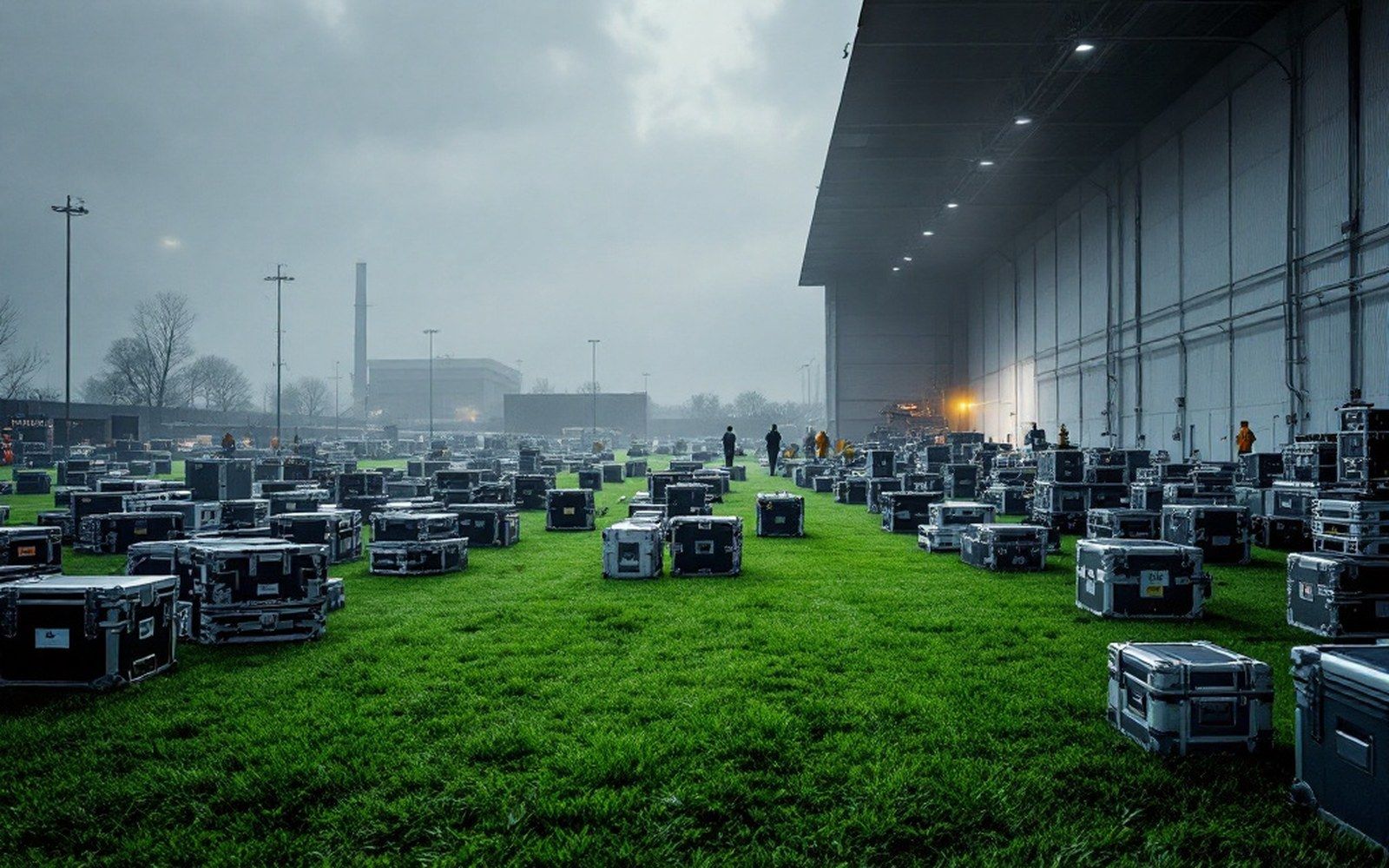 Flight cases and cable runs laid out across turf beside a hangar