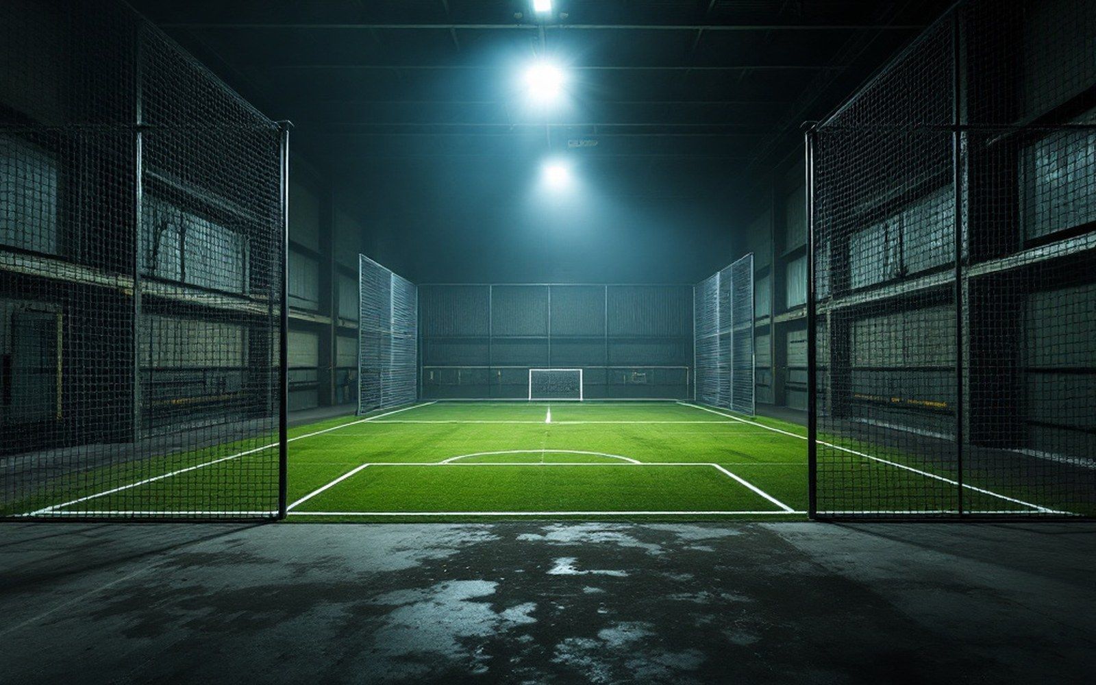 A caged three-a-side pitch inside a dim industrial hold