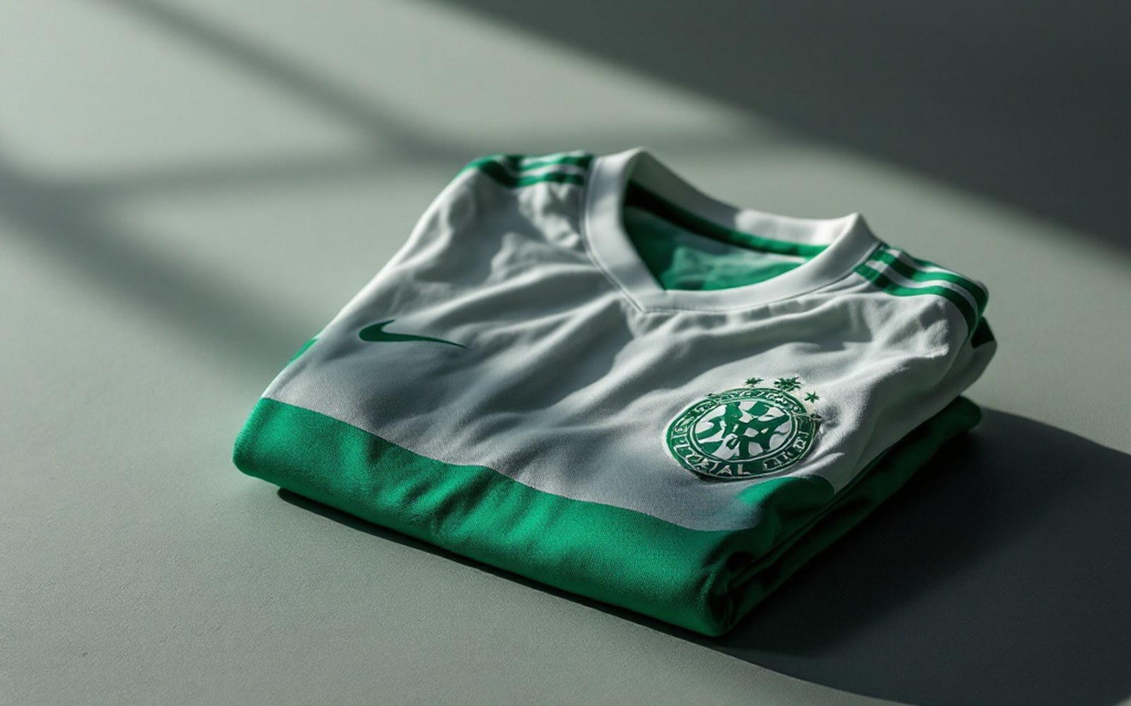 A folded football shirt on a plain surface in raking light