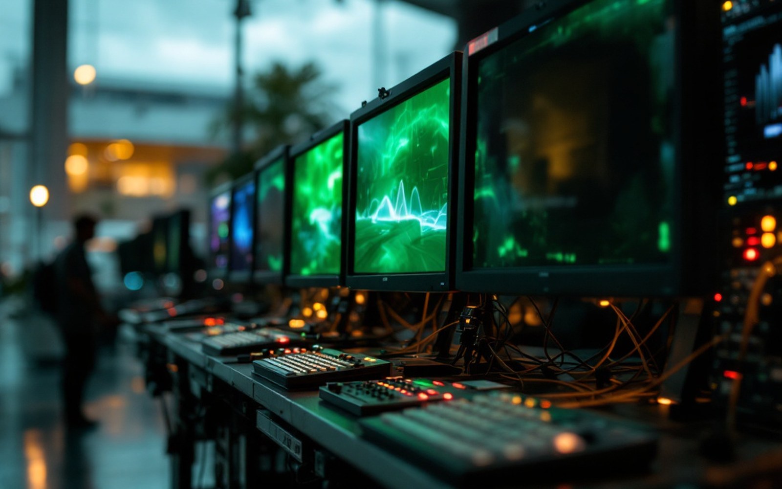 A row of monitors on a video village cart