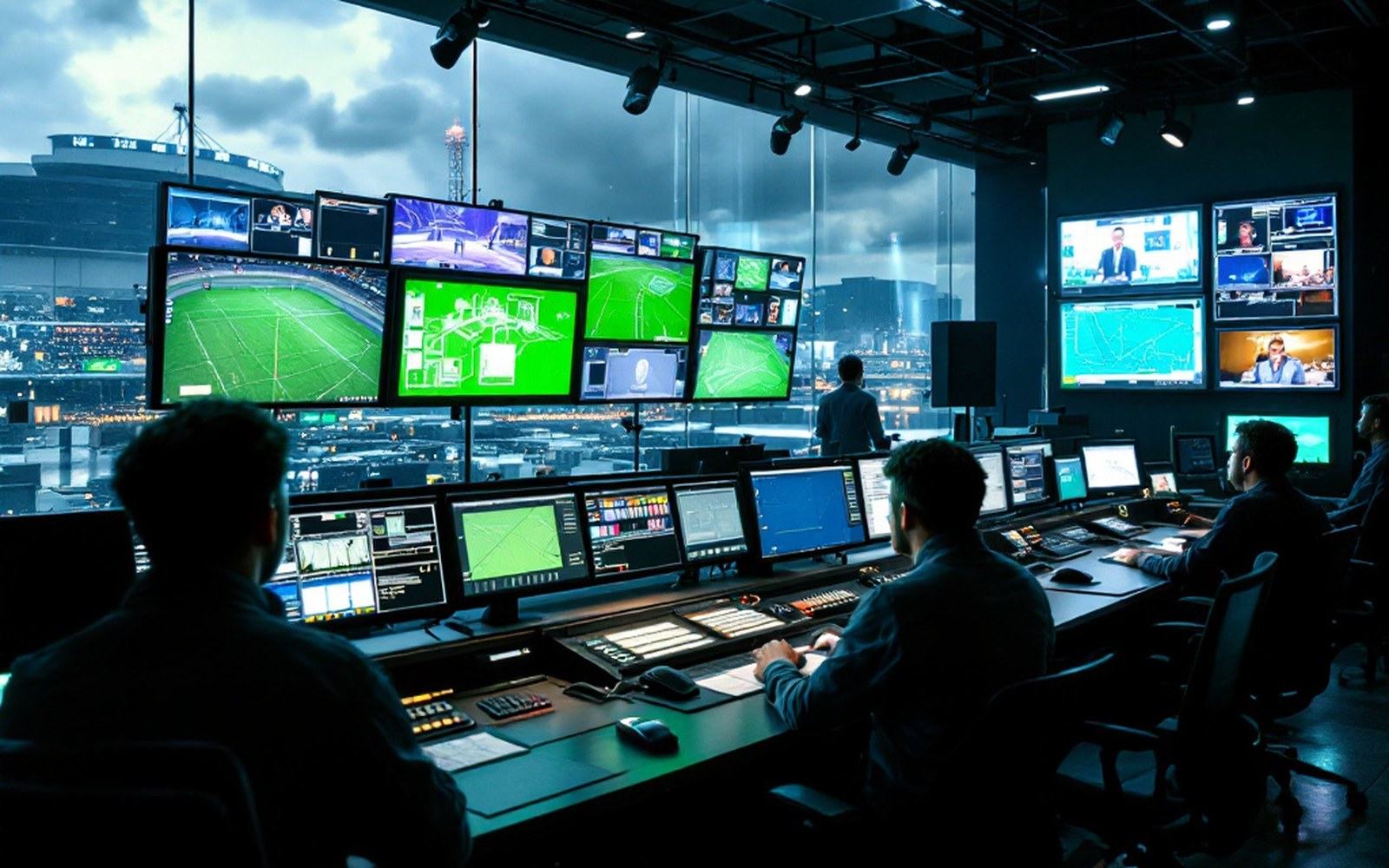 A broadcast control gallery, vision mixer and monitor wall