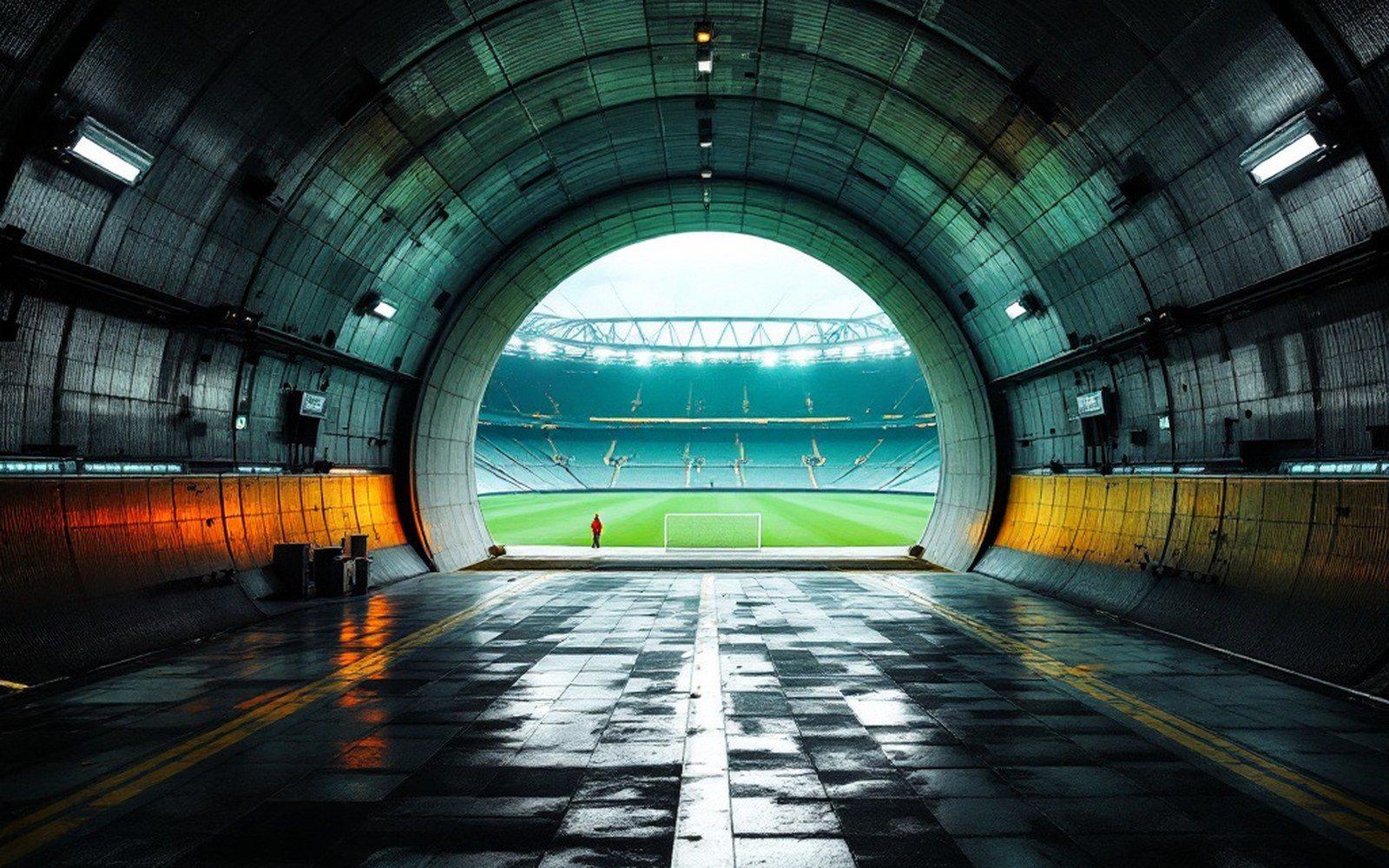 A stadium tunnel mouth seen from inside, bright pitch beyond